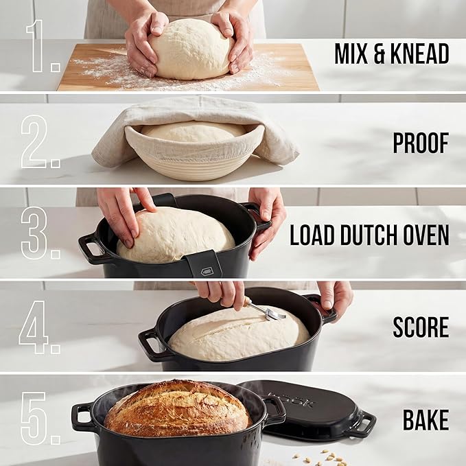 KooK Dutch Oven, for Bread Baking, Sourdough Loaf Pan, with Lid, Dual Handles, Enameled Cast Iron, includes Lid Lever, Dishwasher Safe, 3.4 Qt, Ivory