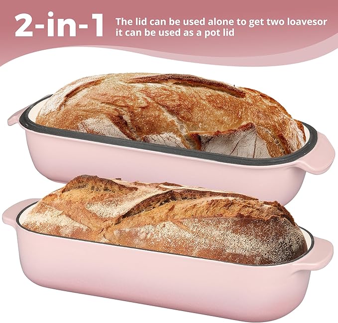 Enameled Cast Iron Loaf Pan with Lid, Bread pan, Dutch Oven Bread pan for Homemade Sourdough Bread Baking, 12.5x5.5 inch, 5qt, Pink