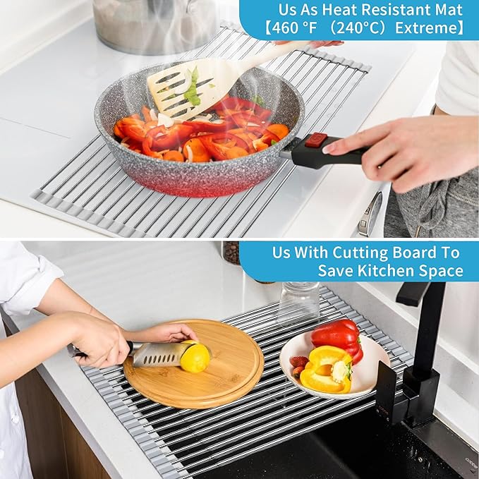 Expandable Roll-UP Dish Drying Rack-Large 304 Stainless Steel Dish Drainer Over The Sink for Kitchen Countertop,Extendable for Most Kitchen Sinks (Silver,22.08'x 13.2')