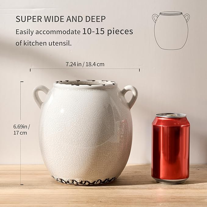 JIEMEI HOME Kitchen Utensil Holder with Handle, 6.69" Ceramic Farmhouse Stable Utensil Crock for Countertop, Cooking Tool Organizer with Cork Bottom, Spatula Holder For Kitchen Decor, White