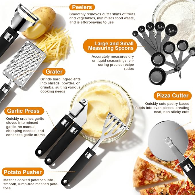 46Pcs Cooking Utensils Set - 18/10 Stainless Steel Kitchen Utensils Set, Complete Tools with Metal Kitchen Gadgets, Dishwasher Safe Spatula Set for Beginner Cooks, Apartment Dwellers, Homemakers