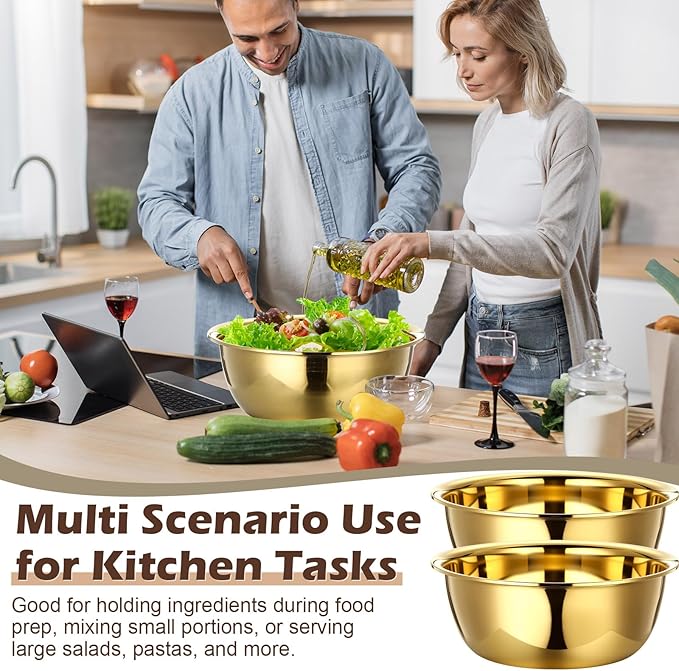 Baderke 7 Psc Gold Mixing Bowls Set 13.4 Inches 8 Qt Large Stainless Steel Prep Bowl with Spatula Basting Brush Egg Whisk &10 Measuring Spoons for Baking Kitchen Mixing Serving Storage