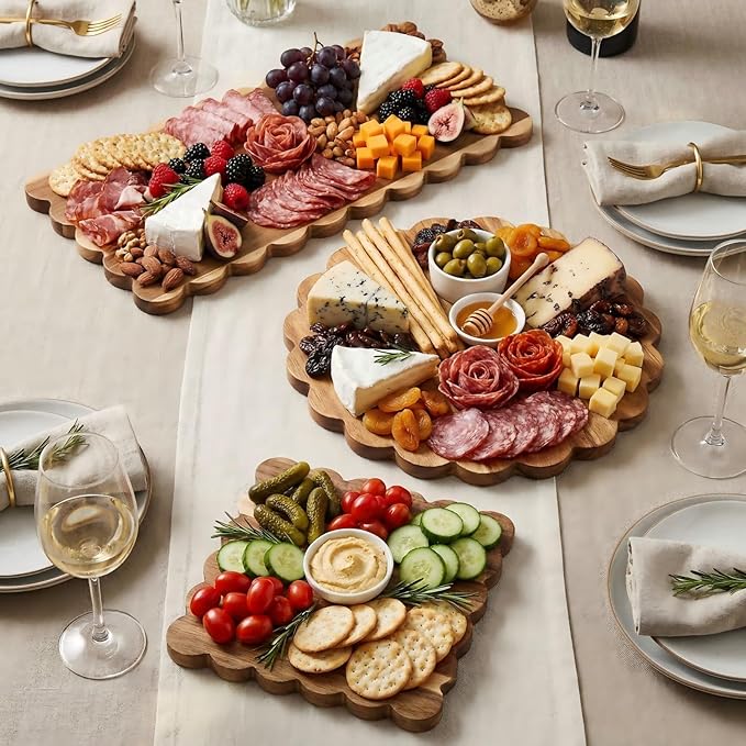 3 Pcs Acacia Wood Scalloped Cutting Boards Set, Decorative Cutting Boards Wooden Charcuterie Board for Grandmillenial Cottage Core Decor Kitchen Cheese Meat Fruit Bread Chopping Blocks