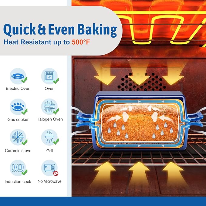 P&P CHEF 2-In-1 9 x 5 Inch Cast Iron Loaf Pan with Lid (Blue), Bread Loaf Pans for Baking Homemade Sourdough Bread, Meatloaf, Toast, Cake, Nonstick & Healthy & Sturdy, 2 Piece Set