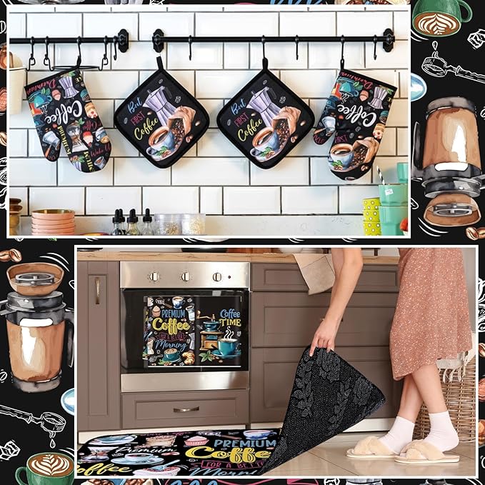 10 Pcs Coffee Kitchen Decor Set Coffee Kitchen Dish Towels Oven Mitts and Pot Holders Farmhouse Rugs Mats Vintage Black Potholders for Chef Baking Cooking Grilling BBQ Women Accessories Gift