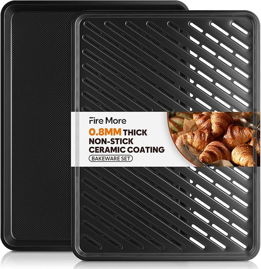 Half Sheet Pan with Cooling Rack 17.3” x 13.1”, Cookie Sheets for Baking 0.8mm Thick Non Stick Baking Sheets for Oven Heavy Duty Baking Trays with Diamond Texture
