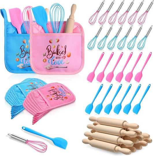 48 Pcs Kids Mini Baking Supplies with Kitchen Utensil, Pot Holders, Spatula, Rolling Pin, Whisk for Kids Classroom School Exchange Party Favors (Medium)