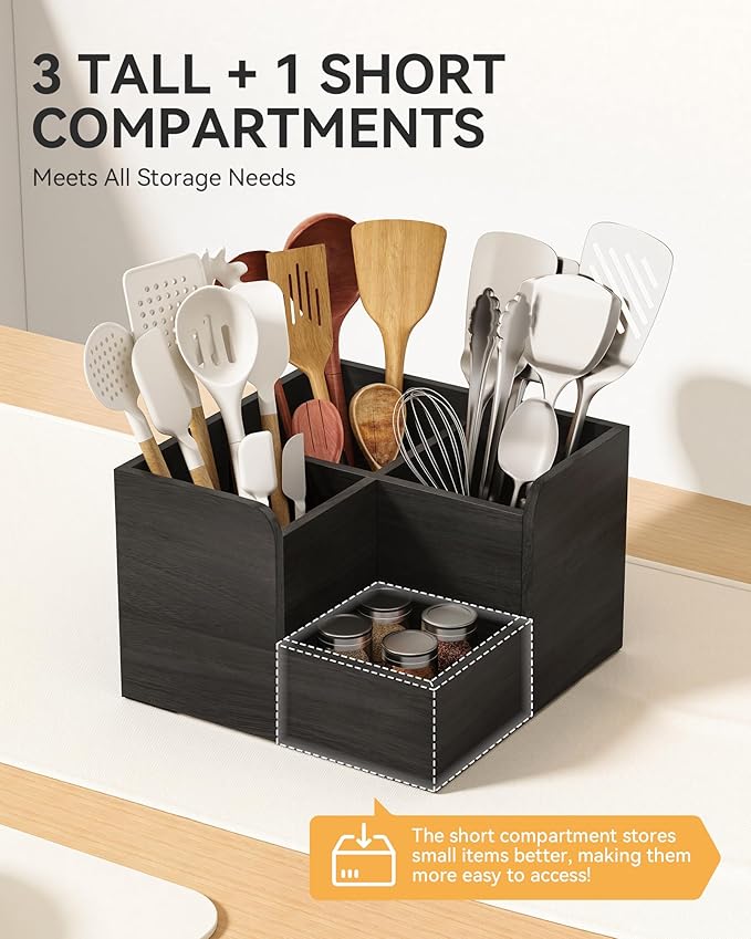 Yofidra Kitchen Utensil Holder with Stone Drying Mats, 4 Compartments Corner Utensil Holder for Kitchen Countertop, Extra Large Silverware Organizer (Black)