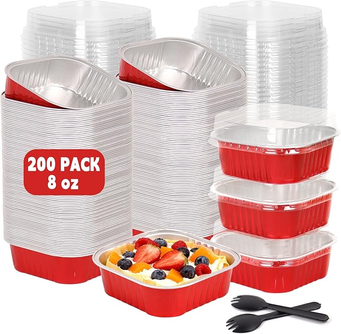 200 Pack 8 oz Red Square Mini Cake Pans with Lids, Aluminum Foil Square Brownie Baking Cups for Ramekins Muffin Cupcake Wedding Birthday Party