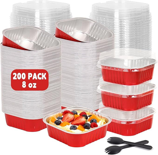 200 Pack 8 oz Red Square Mini Cake Pans with Lids, Aluminum Foil Square Brownie Baking Cups for Ramekins Muffin Cupcake Wedding Birthday Party