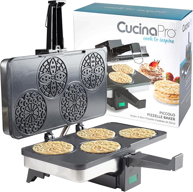 Piccolo Pizzelle Baker- Nonstick Electric Press Makes 4 Mini Cookies at Once, Even Heating- Fun Baking Machine w Recipe Guide, Supplies for Easter Brunch Party, Italian Waffle Dessert Treat Making