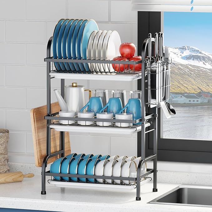 KUK 3 Tier Dish Drying Rack, Stainless Steel Over The Sink Dish with Drain Tray, Kitchen Dishes Drying Racks, Dish Racks for Kitchen Counter Storage (Black)