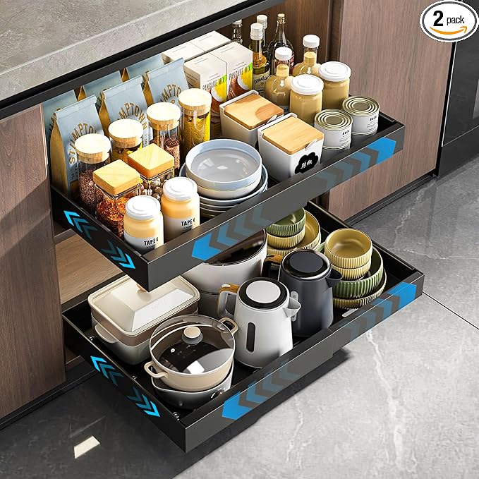2 Pack Pull Out Cabinet Organizer, Expandable Slide Out Drawers for Kitchen Cabinets Peel and Stick Pullout Drawer Heavy Duty Sliding Shelves for Cupboard, Pantry, Bathroom(16.5" Deep, Black)