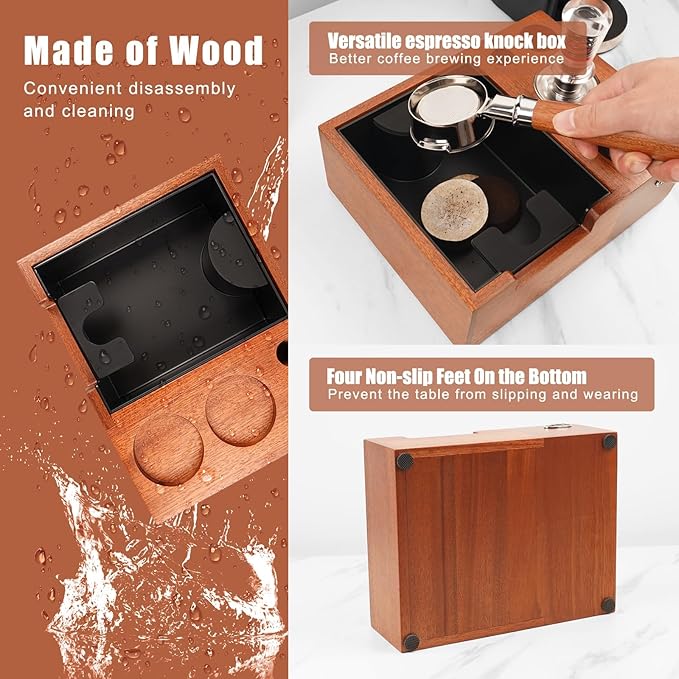 IKAPE 51/53/54/58mm Espresso Knock Box, Sandywood Coffee Station, Tamper Tools, Distributor, Portafilter & Puck Screen Accessories, Natural Sandywood Station Base