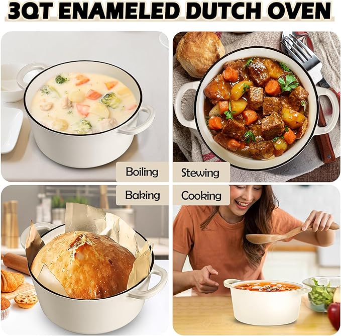 TeamFar 3qt Dutch Oven, Small Enameled Cast Iron Dutch Oven Pot with Lid, For Bread Baking/Stewing/Braising/Frying, Various Stoves & Oven Safe, Non-stick & Easy Clean, White
