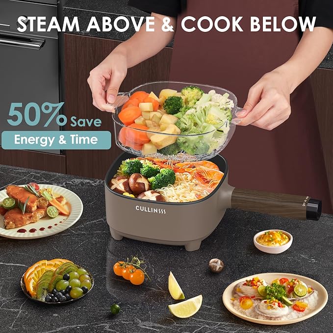 2L Hot Pot Electric with Steamer, Portable Electric Pot with Upgrade Titanium Nonstick Coating for Dorm, Office, Travel, Multi Cooker Pot for Ramen, Soup, Oatmeal (Tongs Included)