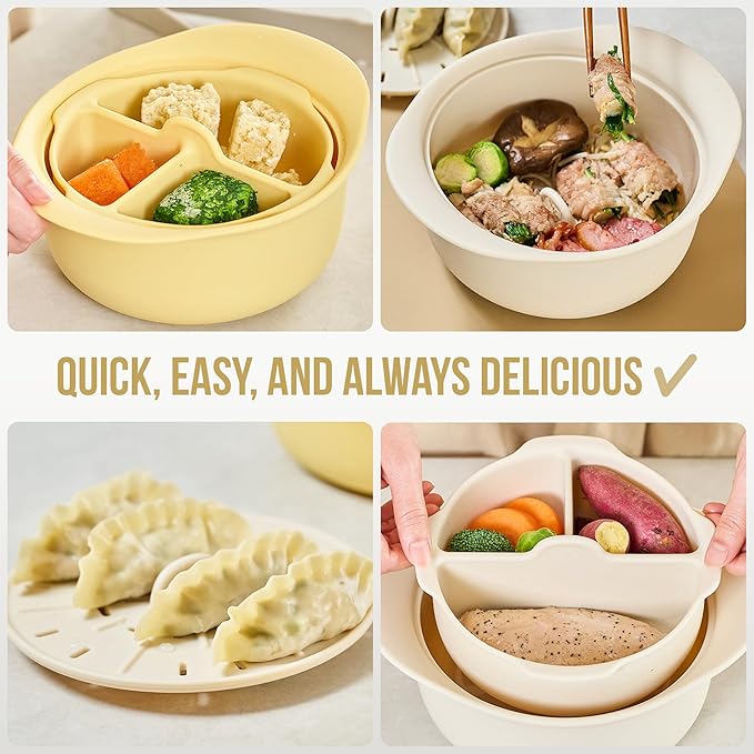48oz Platinum Silicone 3 Compartmented Microwave Steamer Pot with Handle & Lid - Korean 100% Food-Grade Steamer Bowl, Heat-Resistant Cooker with Steam Holes, Easy Clean, Dishwasher Safe, Ivory