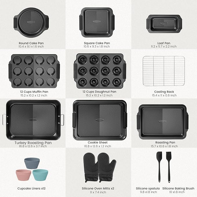Kikcoin 25 PCS Stackable Baking Pans Set, Non-stick Bakeware Sets with Silicone Handles, 450°F Oven Safe Cookie Sheets for Baking, Easy Release Heavy-duty Baking Sheets Non Stick, Black