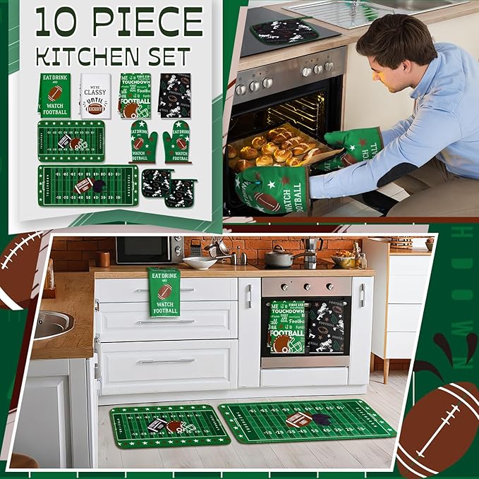 10 Pcs Football Kitchen Decor Oven Mitts and Pot Holders Sets Football Dish Towels Pot Holders Sports Kitchen Rugs and Mats for Women Reusable Cooking Grilling Accessories Mom Gift