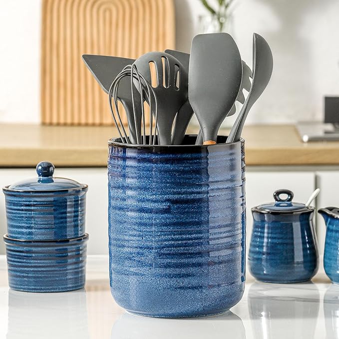 HASENSE Kitchen Utensil Holder, 7.4" x 6.2" Ceramic Utensil Holder for Countertop, Stable Cooking Utensil Organizer Crock for Spatula, Modern Kitchen Decor, Blue