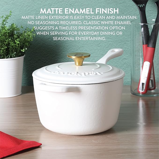 Crock-Pot 3-Quart European Enameled Cast Iron Saucepan with Lid – Matte Linen White, Durable Oven Safe Cookware