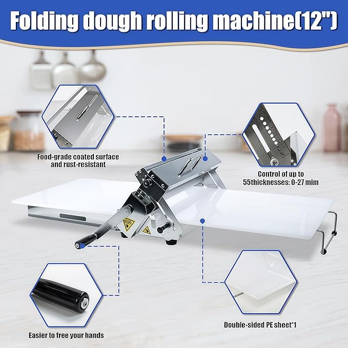 12in Manual Dough Sheeter, Stainless Steel Tabletop Dough Roller Machine, Adjustable Thickness Pastry Sheeter for Pizza, Croissant, Puff Pastry, Fondant and Home Baking
