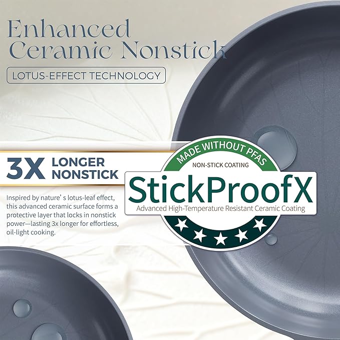 PRICUSIS Nonstick Ceramic Frying Pan Skillet, 8+10 Inch Induction Compatible with Stay Cool Handle, Healthy PTFE PFAS & PFOA Free Omelet Pan, Dishwasher Safe (Blueberry Gray)