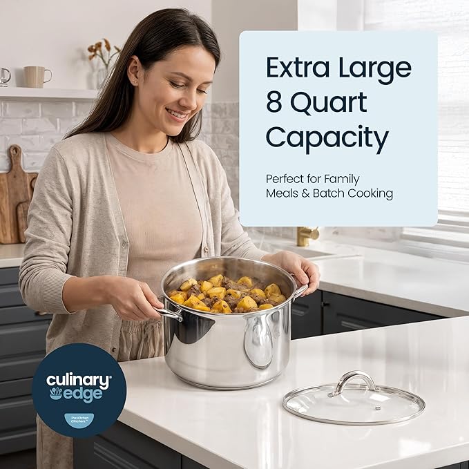 Culinary Edge Stainless Steel 8-Quart Nonstick 4-Piece Multi-Cooker with Steamer and Pasta Pot Cookware Set
