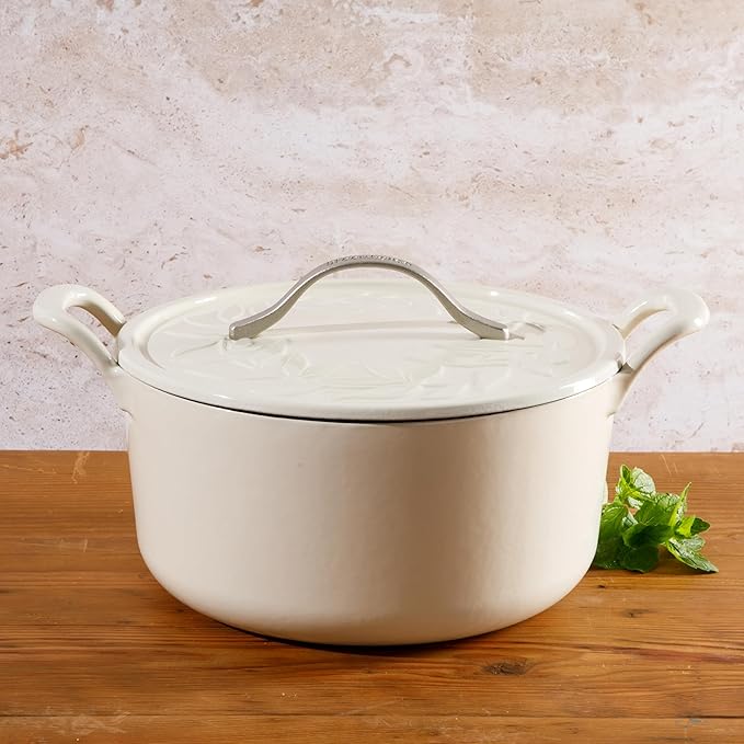 Bloomhouse - Two Time Oprah's Favorite Things Winner - 7 Qt Cast Iron Dutch Oven W/Embossed Lid, European Enamel, & Walnut Wood Trivet - Oat White