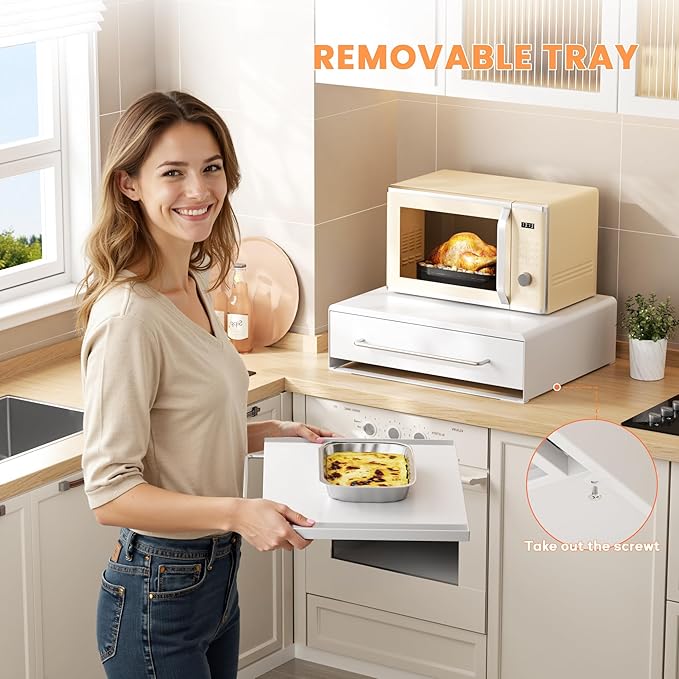 DTK Microwave Stand with Pull-Out Drawer & Tray, Kitchen Storage Drawers Countertop for Compact Microwave, Coffee Station & Kitchen Appliance, Microwave Riser with Storage, White(Stand+Drawer+Tray)