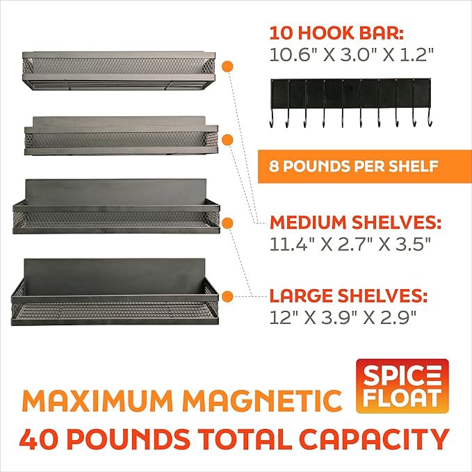 SPICE FLOAT Magnetic Spice Organizer Racks - 4 Premium Metal Racks + 1 Hanging Hook Bar Kitchen Shelf - Seasoning Organizer For Kitchen Appliances (3.94" x 12.2" x 3.15")