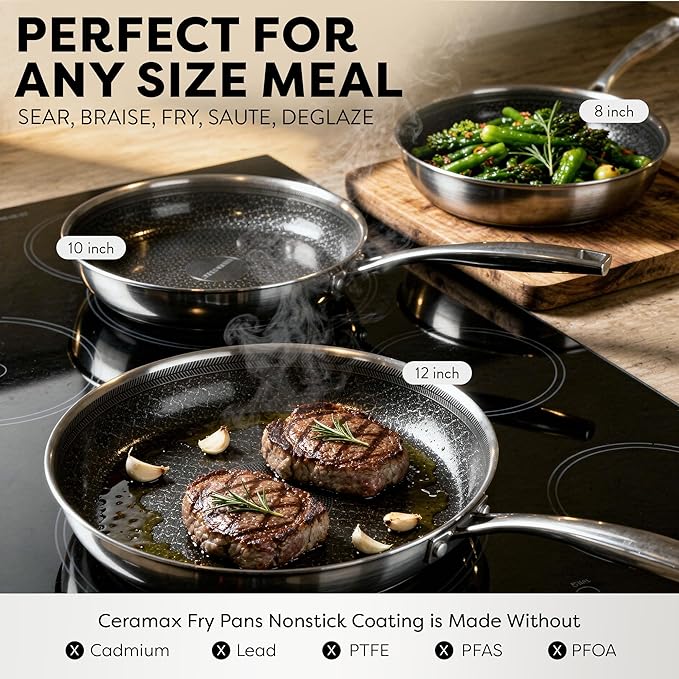 Gotham Steel Hybrid 3pc Frying Pan Set, Stainless Steel Ceramic Nonstick, 8 10 12 inch, Induction Ready, PFAS/PFOA Free, Oven & Dishwasher Safe - Black