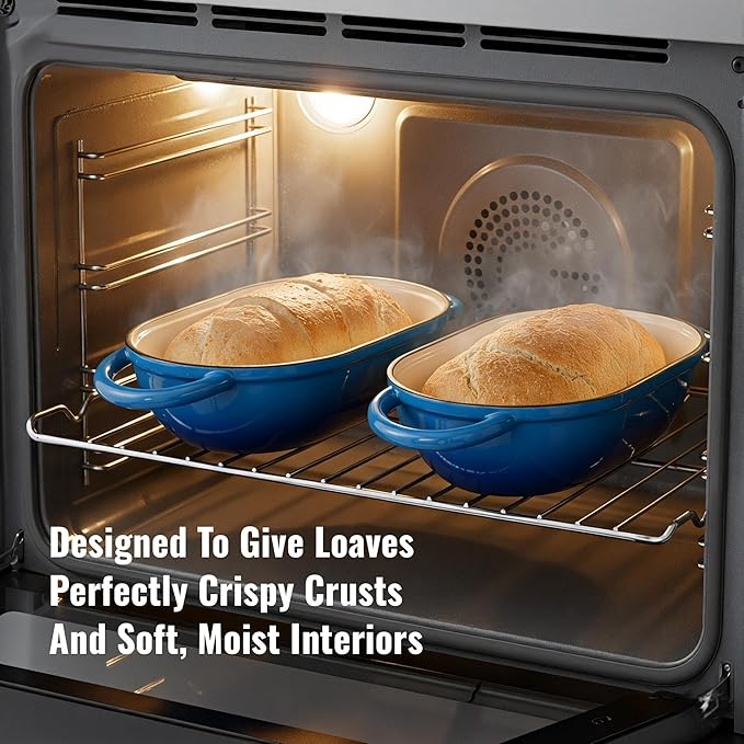 2 QT Oval Dutch Oven for Bread Baking, Enamelled Cast Iron Bread Oven for Sourdough, Sourdough Loaf Pan with Lid, Heavy-Duty Non Stick Bread Pan for Homemade Bread Baking, Blue