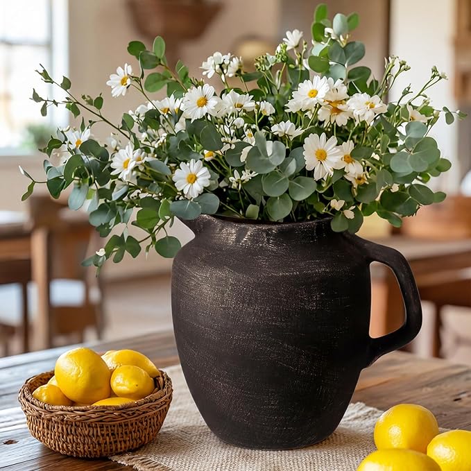 Rustic Kitchen Utensil Holder with Handle,7 Inch Ceramic Vintage Utensil Crock for Countertop, Farmhouse Kitchen Decoration Ceramic Pot for Spatulas Spoons Tongs(Novelty,Antique Black Gold)