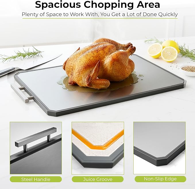Freshware Titanium Cutting Board for Kitchen, Doble Sided and Non Slip Cutting Boards with Handle, Pure Titanium/PP, Chopping Board with Juice Grooves, Dishwasher Safe, Large 16.2" by 11"