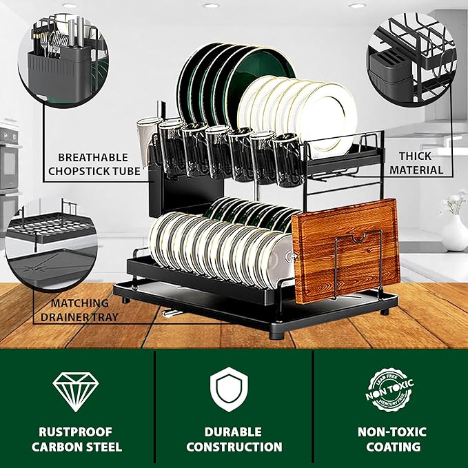 2-Tier Dish Drying Rack with 360° Rotating Drainage Spout, Heavy-Duty Rustproof Dish Rack with Utensil Holder & Storage Basket, Compact Space-Saving Design for Kitchen Counter Organization