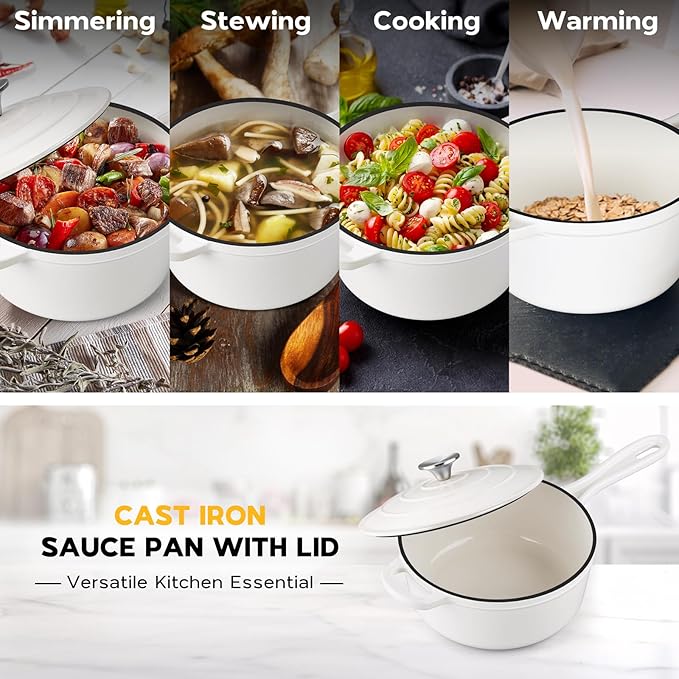 Onader Enameled Cast Iron Saucepan, 3 QT Sauce Pan with Lid, Cast Iron Small Sauce Pot for Cooking, Enamel Dutch Oven Nonstick, Induction Compatible, Heavy Duty – White