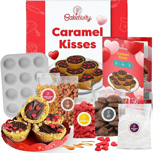Baketivity Caramel Kisses Kids Baking Kit - Baking Set for Girls and Boys Ages 4-12 - Kids Cooking Kit with Premeasured Ingredients, Instructions, Video, STEM Activities