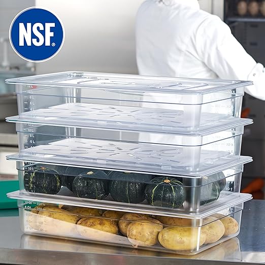 CURTA 4-Pack Full Size 4" Deep NSF Polycarbonate Food Pans with Handled Lids & Drain Trays | Dishwasher & Freezer Safe Clear Container for Prep Tables, Buffet, Salad Bar, Commercial & Home Kitchen