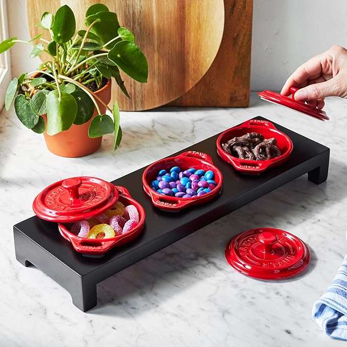 Staub Ceramic 3-pc Mini Round Cocotte Set with Stand - Cherry