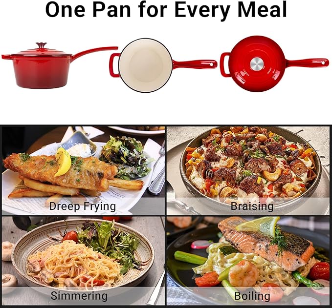 Enameled Cast Iron Sauce Pan, 2 Quarts Round Sauce Pot with Lid, Mini Dutch Oven Enamel Saucepan for Cooking Pasta Sauce, Marinate, Cook, Refrigerate and Serve, Gradient Red