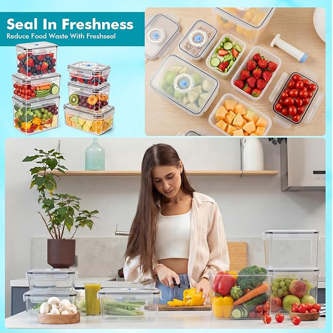 LemonRoad 33 Piece Vacuum Seal Storage Food Containers with Lids (6Containers&6 Lids&20 Sealable Bags&1 Hand Vacuum Pump), Meal Prep Containers with Lid, Airtight and Leak Proof (Black)