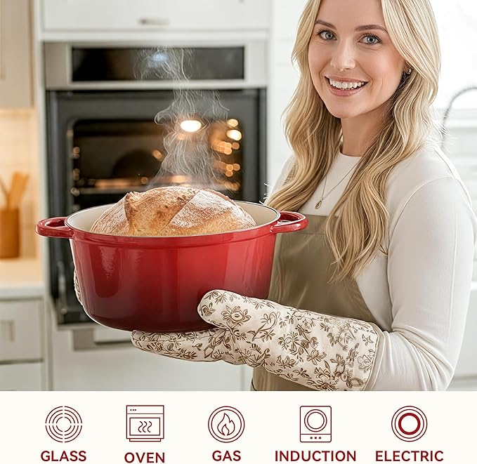 6 Quart Dutch Oven Pot with Lid, Non Stick Enameled Cast Iron Dutch Oven for Bread Baking, Heavy-Duty, Oven Safe Ceramic Cookware Up to 500°F for Baking, Braising, Stews, Roasting, Red
