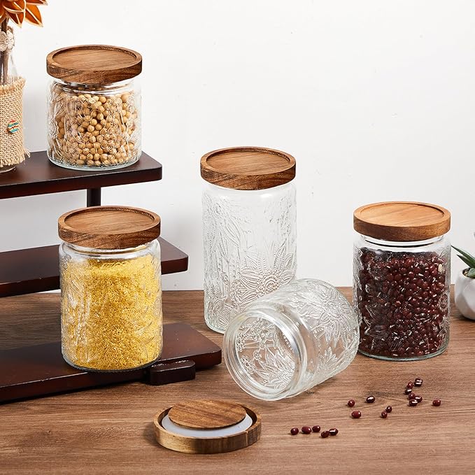 Gerrii 5 Pcs Sunflower Pattern Round Vintage Glass Food Storage Containers 17/24/34 oz Glass Jar Airtight Candy Jar Food Canisters for Kitchen Counter Pantry Coffee Tea Bean