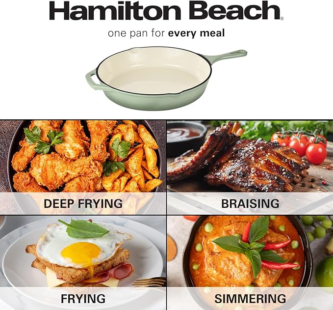 Hamilton Beach Enameled Cast Iron Fry Pan 12-Inch Sage, Cream Enamel Coating, Skillet Pan For Stove top and Oven, Even Heat Distribution, Durable