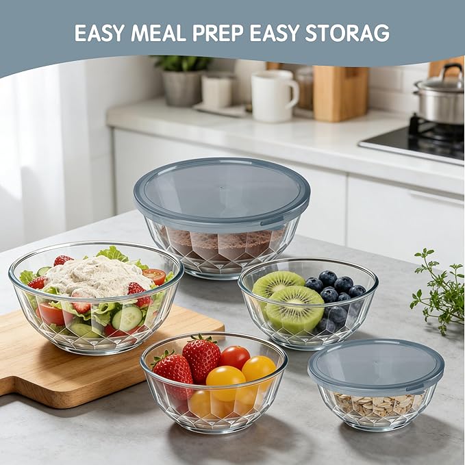 Thick Glass Mixing Bowls with Airtight Lids Set, 5-Piece Nesting Bowls for Baking & Meal Prep, BPA Free, Dishwasher Safe, 0.5/0.8/1.6/2.7/4.4 Quart - Gray