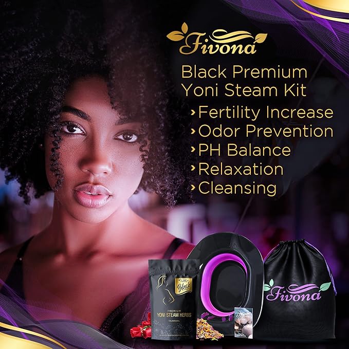 Fivona 3-in-1 Yoni Steam Kit Black - Foldable Over The Toilet Steamer Seat with Herbal Blend and Storage Bag - Effective Detox pH Balance Cleansing and Relaxation - at Home V-SPA