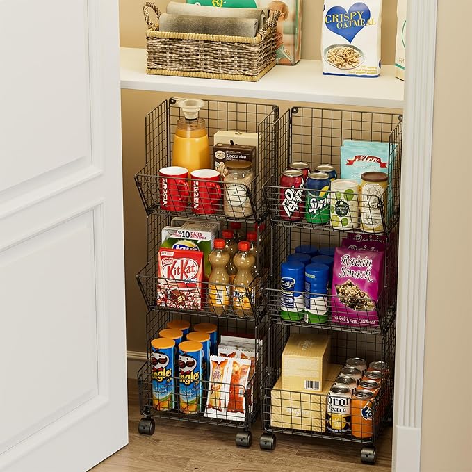 Sonyabecca Outdoor Toy Storage Basket, Play Kitchen Organizer with 5 S-Hooks,3 Tier Rolling Storage Cart Garage, Pantry Floor Snack Cart with Wheels,Toy Shelf Dog Storage Organizer Kids Bookshelf