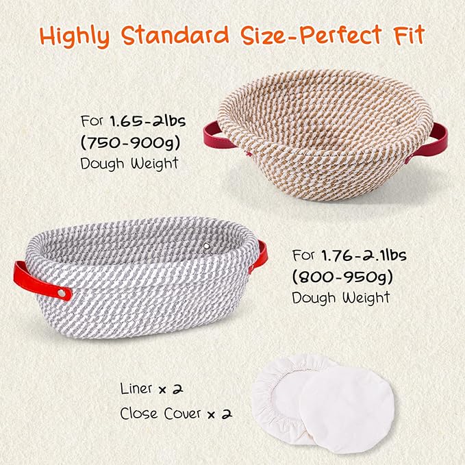 Sourdough Starter Kit, 24oz Starter Jar, 2 Cotton Rope Banneton Bread Proofing Basket Set, 9'' Round & 10'' Oval Baskets with Liners & Covers, Complete Sourdough Bread Baking Set (42PCS)