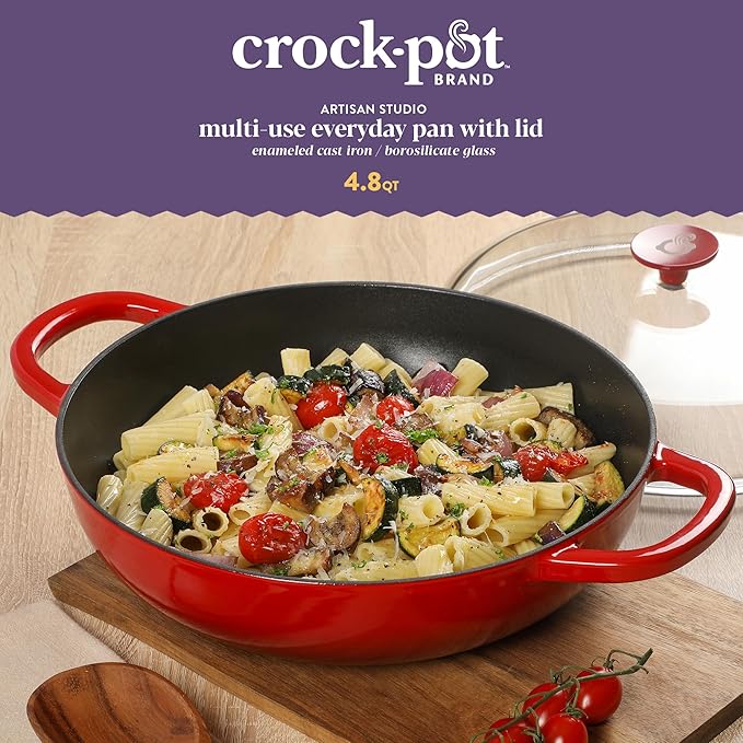 Crock Pot Artisan 5-Quart Enameled Cast Iron Braiser Pan With Oven Safe Borosilicate Glass Lid, Everyday Covered Skillet for Searing, Roasting, and Baking, Red
